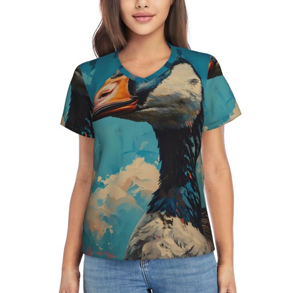 Vsdgher Blue Watercolor Duck Women Shirts V Neck Short Sleeve Tops T-Shirt Basic Tees, S to 3XLMedium