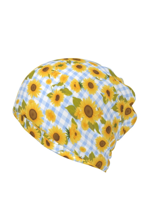 Blue White Plaid Sunflower Slouchy Beanie Hat for Men/Women, Skull Cap Chemo Cap Night Sleeping Cap