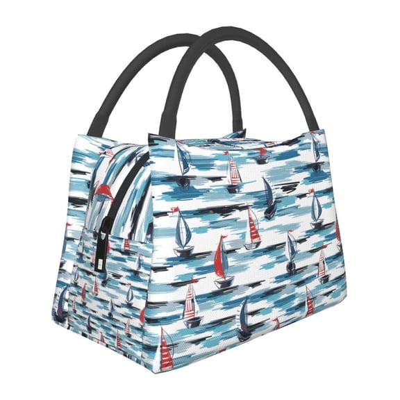 Vsdgher Boat In Ocean Print Insulated Reusable Bags with Sturdy Zipper and Handles, Foldable Totes for Hot or Cold Food Bring or Delivery