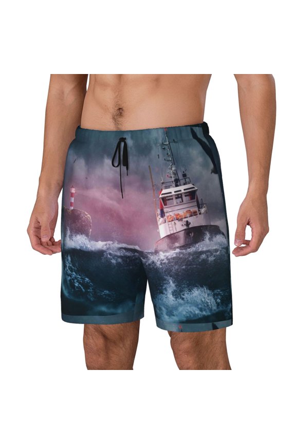Boat Lighthouse Storm Waves for Mens Swim Trunks with Compression Liner Swim Shorts Swim Suits Board Shorts-