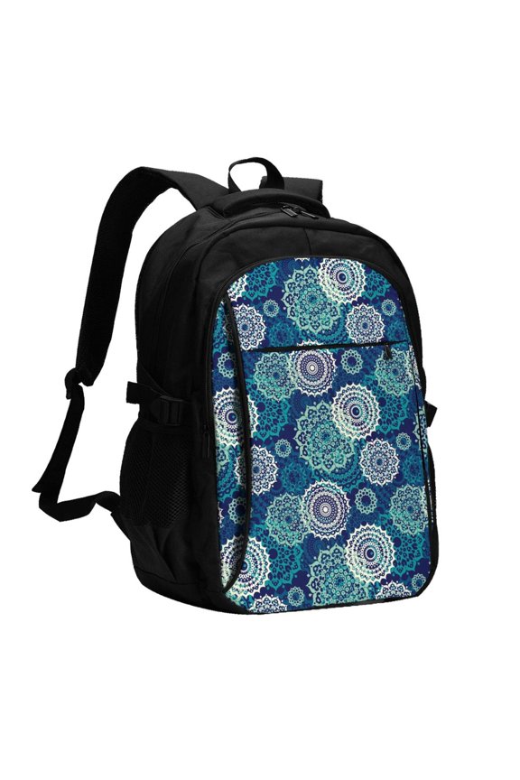 Bohemian Mandala Print Travel Laptop Backpack, Laptops Backpack with USB Charging Port, Water Resistant Computer Bag Gift for Men & Women