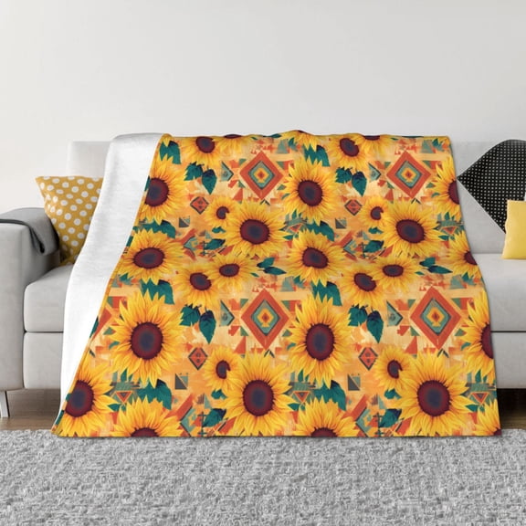 Vsdgher Bohemian Sunflower Pattern Fleece Throw Blanket, Horizontal Fleece Bedding Home Decor for Couch & Bed All Season Use -50"x40"