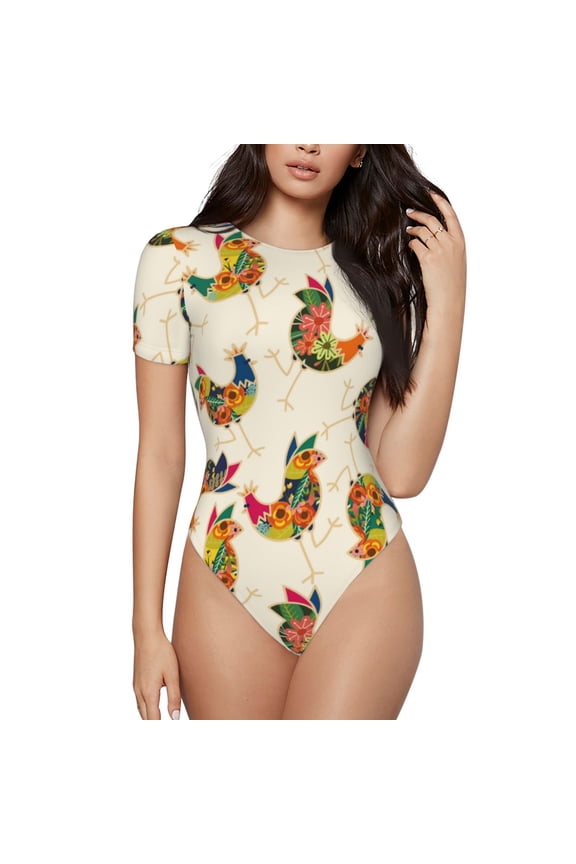 Boho Chicken Prinr Short Sleeve Body suit for Womens, Sexy Onesie One Piece Round Neck Bodysuit Shapewear Tummy Control-Medium