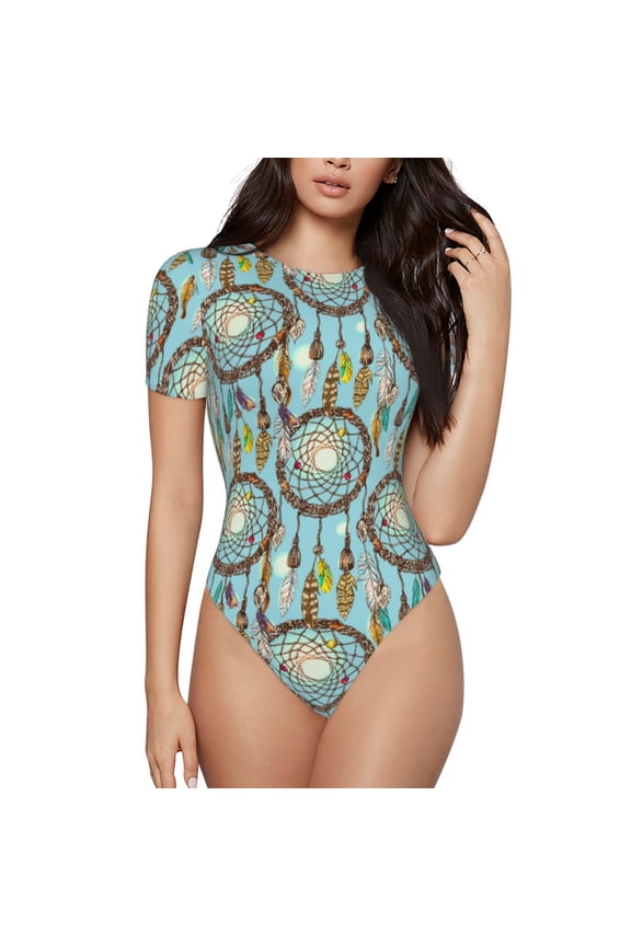 Boho Dreamcatcher 1 Prinr Short Sleeve Body suit for Womens, Sexy Onesie One Piece Round Neck Bodysuit Shapewear Tummy Control-Large