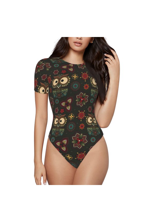 Boho Owl Prinr Short Sleeve Body suit for Womens, Sexy Onesie One Piece Round Neck Bodysuit Shapewear Tummy Control-Large