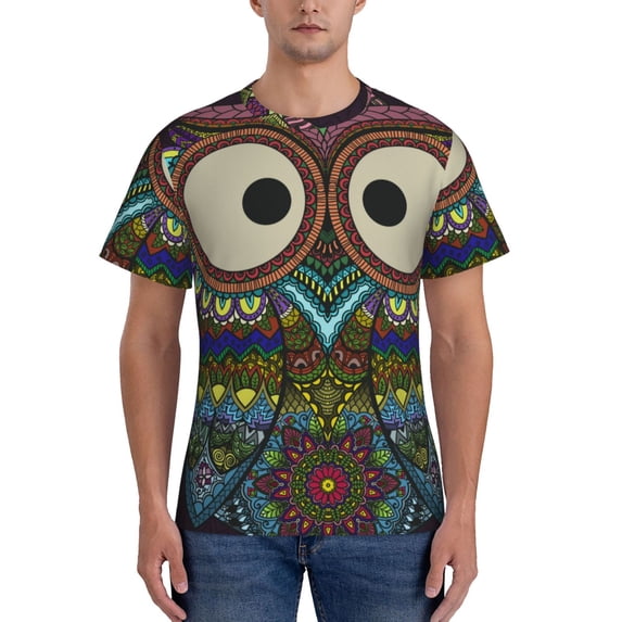 Vsdgher Boho Owl Print Men's Dry Fit Mesh Athletic Shirts Moisture Wicking Tennis T-Shirt Tops