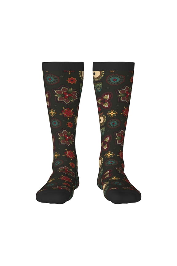 Boho Owl Print Thigh High Socks Extra Long Stretchy Sock Women Over Knee High Opaque Stocking Daily Wear