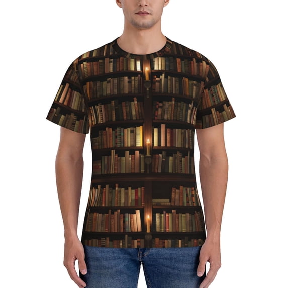 Vsdgher Bookshelves Print Men's Dry Fit Mesh Athletic Shirts Moisture Wicking Tennis T-Shirt Tops