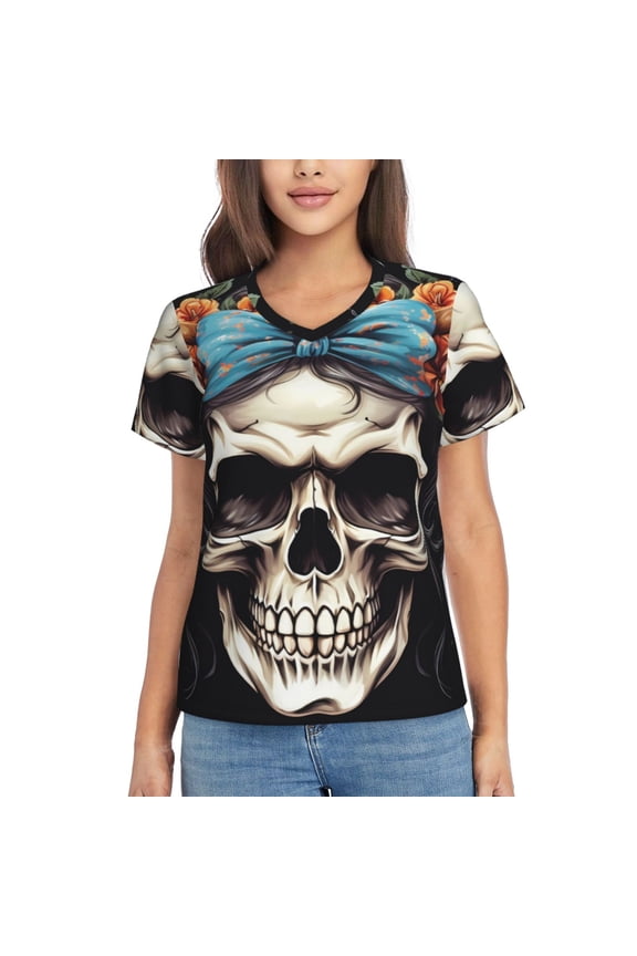 Bow Flower Skull Women Shirts V Neck Short Sleeve Tops T-Shirt Basic Tees, S to 3XLLarge
