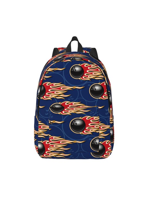 Bowling Ball And Flame Print Canvas Backpack Travel Rucksack Unisex Knapsack 15.7/17.7Inch Laptop Backpack for Work,College -Small