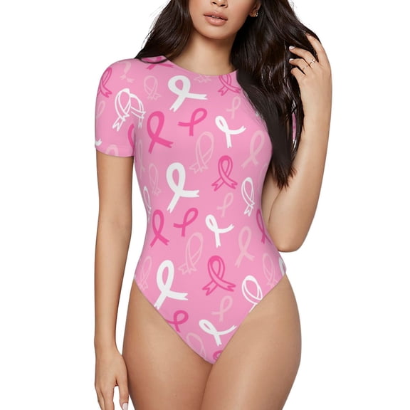 Vsdgher Breast Cancer Awareness (3) Prinr Short Sleeve Body suit for Womens, Sexy Onesie One Piece Round Neck Bodysuit Shapewear Tummy Control-Small