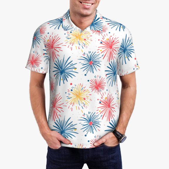 Vsdgher Bright Colorful Fireworks Polo Shirts for Men, Men's Short Sleeve Stretch Polo Shirt, Shirts for Men-X-Large