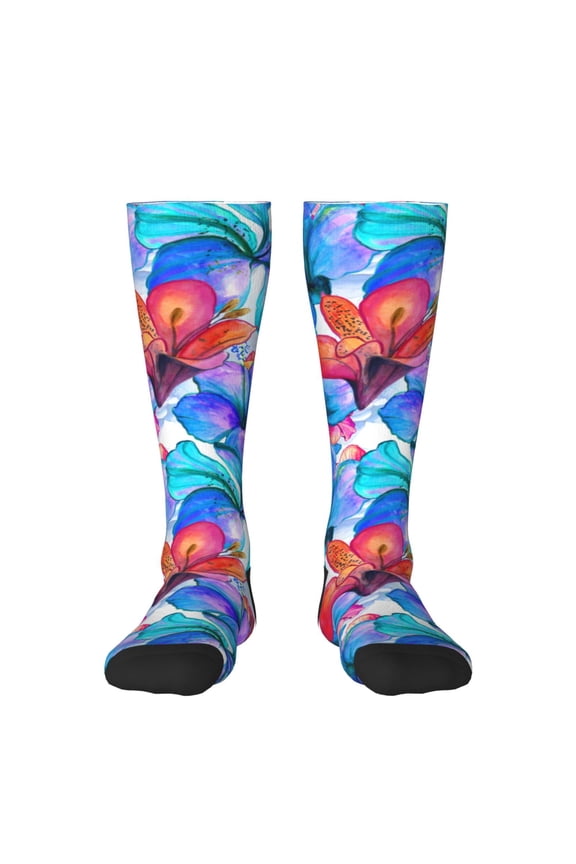 Bright Flowers Print Thigh High Socks Extra Long Stretchy Sock Women Over Knee High Opaque Stocking Daily Wear