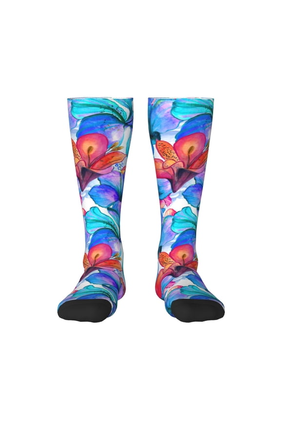 Bright Flowers Print Thigh High Socks Extra Long Stretchy Sock Women Over Knee High Opaque Stocking Daily Wear