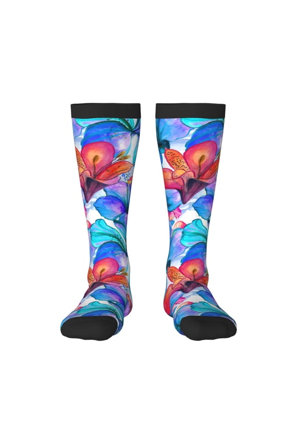 Bright Flowers Print Thigh High Socks Extra Long Stretchy Sock Women Over Knee High Opaque Stocking Daily Wear