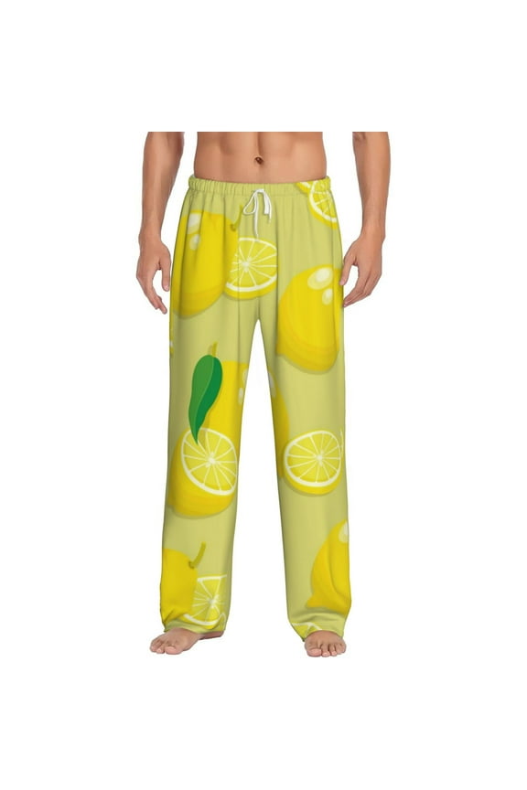 Bright Lemons Print Mens Pajama Pants Sleep & Lounge Pants, PJ Bottoms With elastic waistb and Pockets