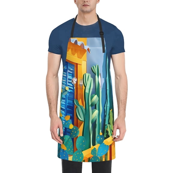 Vsdgher Bright Paper Cactus Scene Waterproof Apron with 2 Pockets Kitchen Chef Aprons Bibs for Grooming Cooking Baking Painting Gardening
