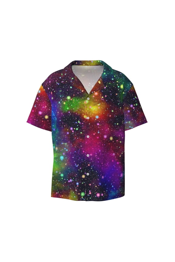 Bright Universe Print Men's Wrinkle Free Untucked Cuban Shirt Business Casual Button Down Shirts Short Sleeve Shirt