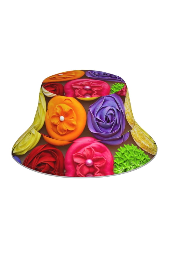 Brightly Colored Cupcakes Print Bucket Hat for Men&Women Bucket Hat Reversible Summer Double-Side-Wear Travel Gardening, Beach, Camping, Hiking, Fishing Cap