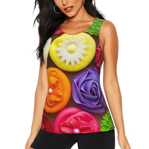 Vsdgher Brightly Colored Cupcakes Print Tank Top Sports Vest Bra for Women Sports ,Performance Stretchy Quick Dry Sports Workout Running Top Vest with Removable Pads