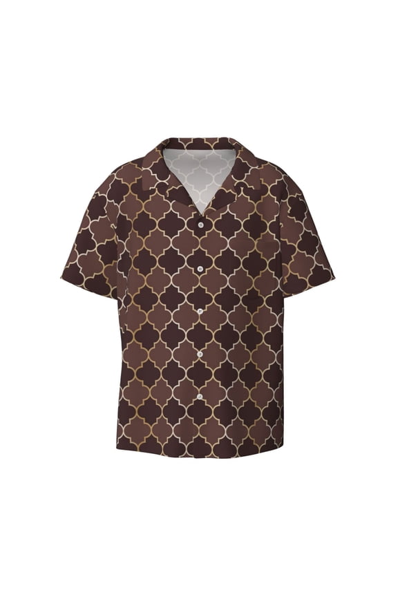 Brown Gold Grid Print Men's Wrinkle Free Untucked Cuban Shirt Business Casual Button Down Shirts Short Sleeve Shirt