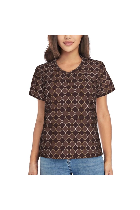 Brown Gold Grid Women Shirts V Neck Short Sleeve Tops T-Shirt Basic Tees, S to 3XLSmall