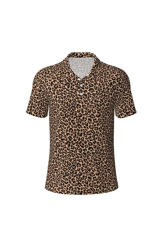 Brown Leopard Print Men's Short Sleeve Stretch Polo Shirt, Moisture-Wicking Performance Polo Shirt