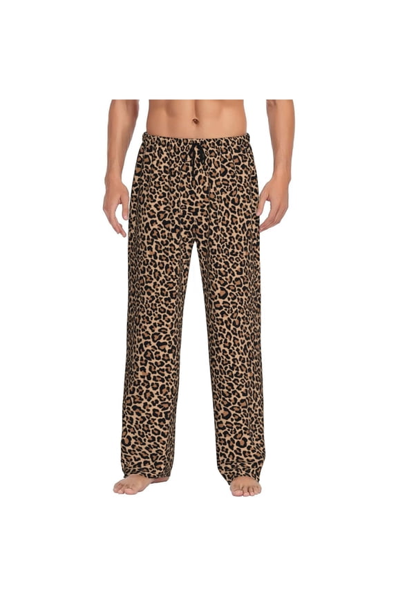 Brown Leopard Print Mens Pajama Pants Sleep & Lounge Pants, PJ Bottoms With elastic waistb and Pockets