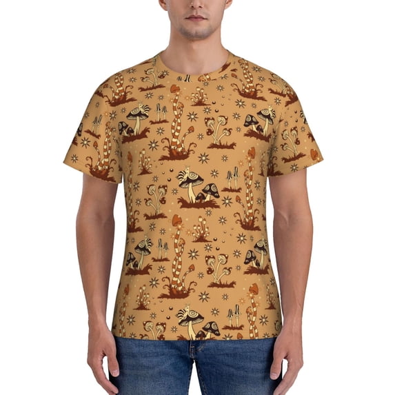 Vsdgher Brown Mushrooms Print Men's Dry Fit Mesh Athletic Shirts Moisture Wicking Tennis T-Shirt Tops