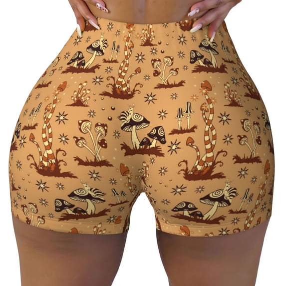 Vsdgher Brown Mushrooms print Workout Shorts for Women Seamless Soft Smooth Gym Yoga Scrunch Active Exercise Fitness Shorts