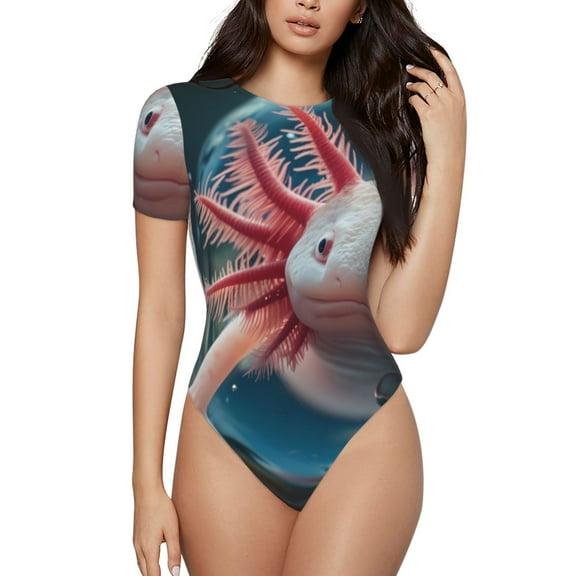 Vsdgher Bubbles Axolotl Fantasy Prinr Short Sleeve Body suit for Womens, Sexy Onesie One Piece Round Neck Bodysuit Shapewear Tummy Control-X-Large