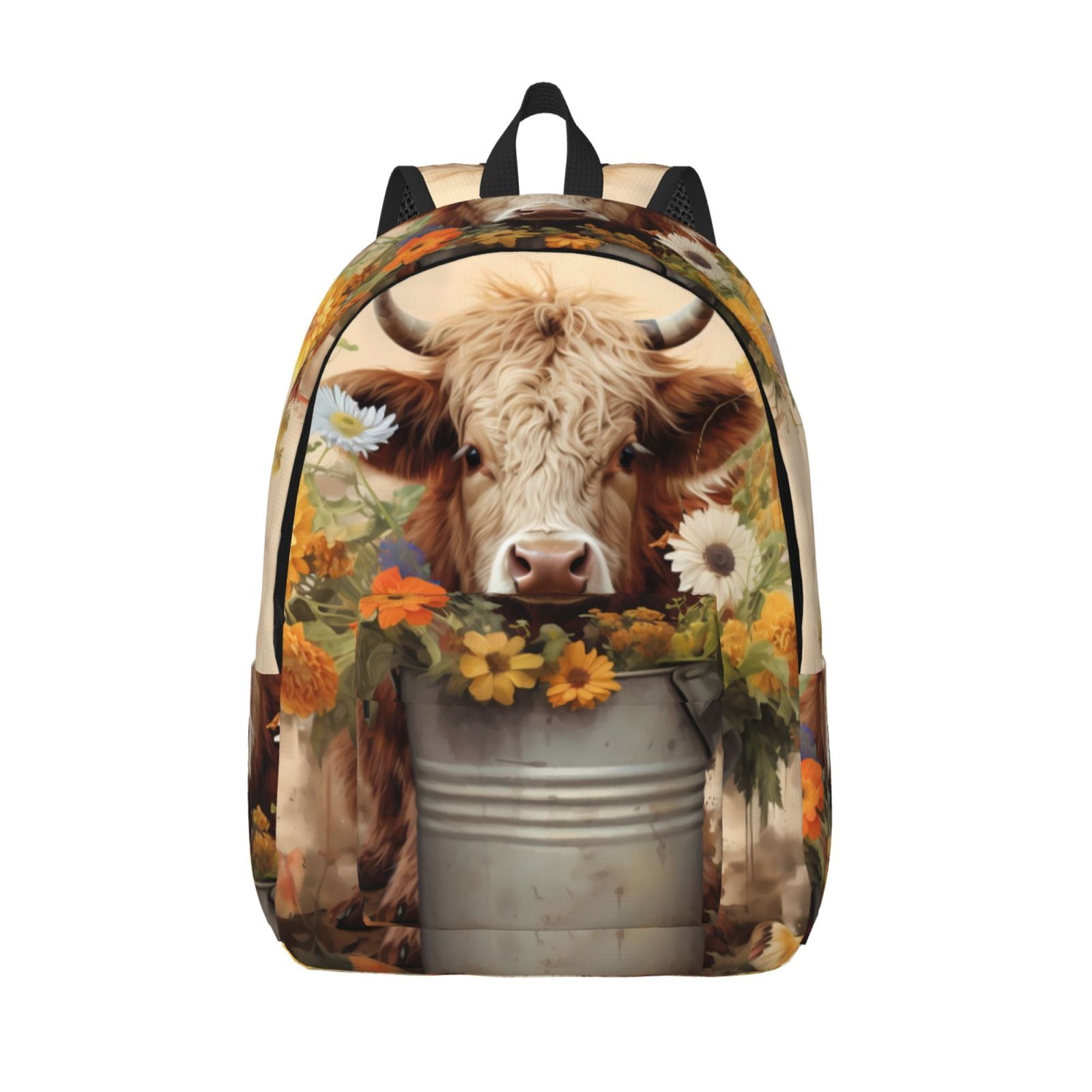 Vsdgher Bucket Flower Cow Print Canvas Backpack Travel Rucksack Unisex Knapsack 15.7/17.7Inch Laptop Backpack for Work,College -Small