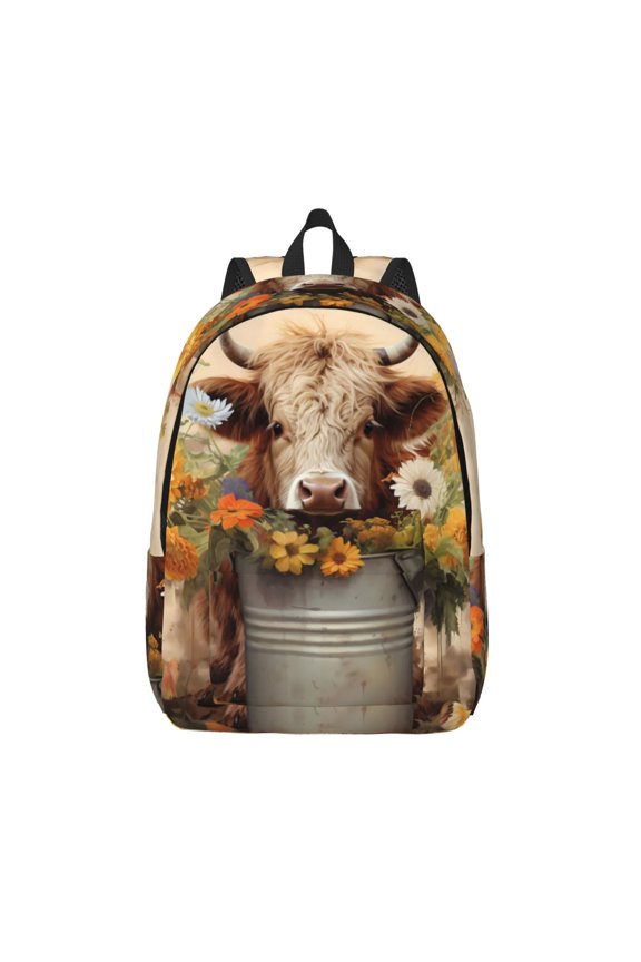 Bucket Flower Cow Print Canvas Backpack Travel Rucksack Unisex Knapsack 15.7/17.7Inch Laptop Backpack for Work,College -Small