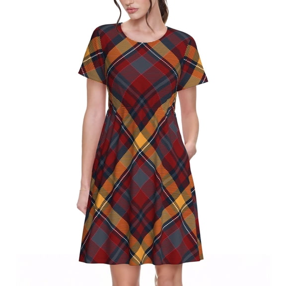 Vsdgher Buffalo Check Plaid for Womens Summer 2025 Casual Midi Maxi Dresses Lightweight Short Sleeve Round Neck Beach Dress -Small