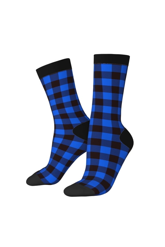 Buffalo Plaid Blue Black Crew Socks for Men & Women, Breathable Casual Athletic Ankle Socks