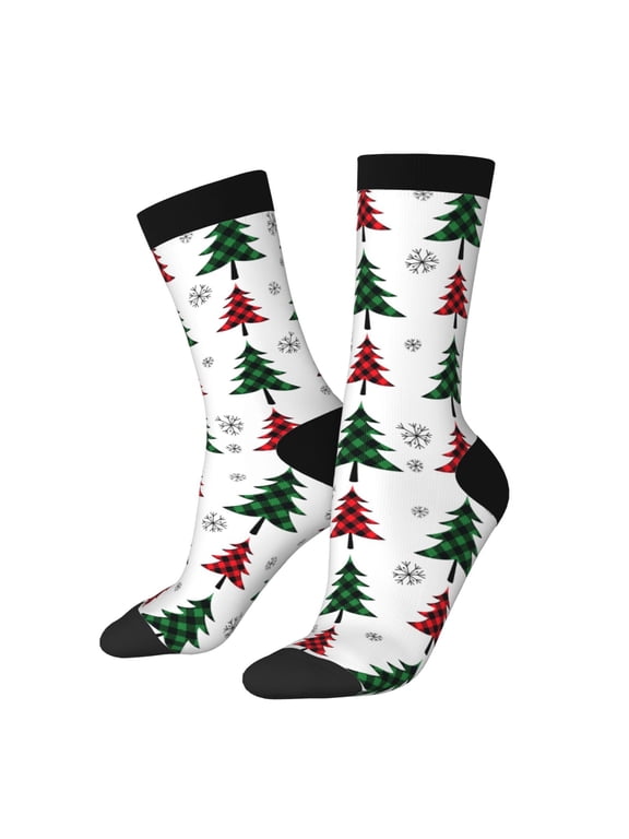 Buffalo Plaid Christmas Trees Crew Socks for Men & Women, Breathable Casual Athletic Ankle Socks