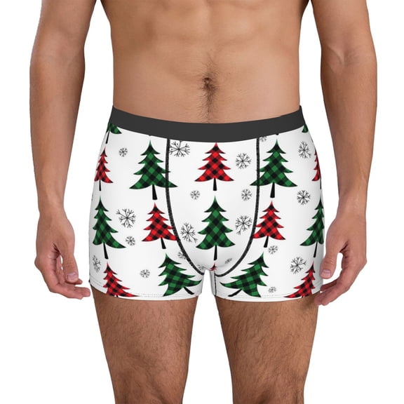 Vsdgher Buffalo Plaid Christmas Trees Pattern Men's Boxer Brief Underwear,Soft Funny Underwear for Men-Small