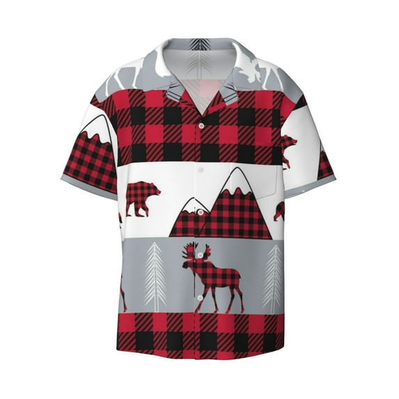 Vsdgher Buffalo Plaid Forest Print Men's Wrinkle Free Untucked Cuban Shirt Business Casual Button Down Shirts Short Sleeve Shirt