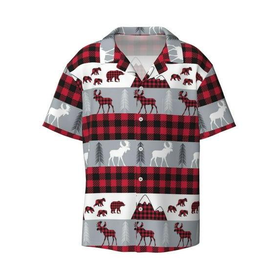 Vsdgher Buffalo Plaid Forest Print Men's Wrinkle Free Untucked Cuban Shirt Business Casual Button Down Shirts Short Sleeve Shirt