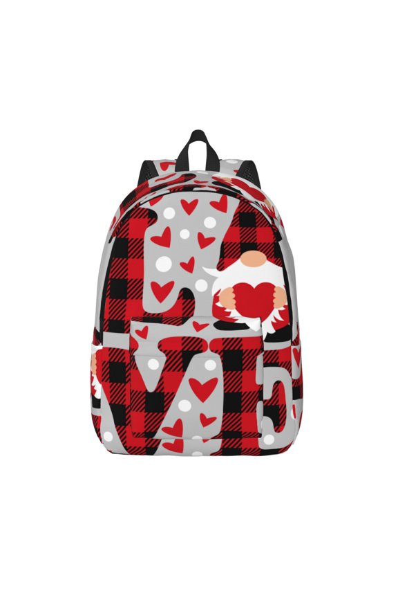 Buffalo Plaid Love And Gnome Print Canvas Backpack Travel Rucksack Unisex Knapsack 15.7/17.7Inch Laptop Backpack for Work,College -Small