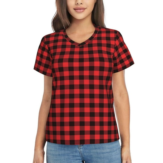 Vsdgher Buffalo Plaid Red Black Women Shirts V Neck Short Sleeve Tops T-Shirt Basic Tees, S to 3XLSmall
