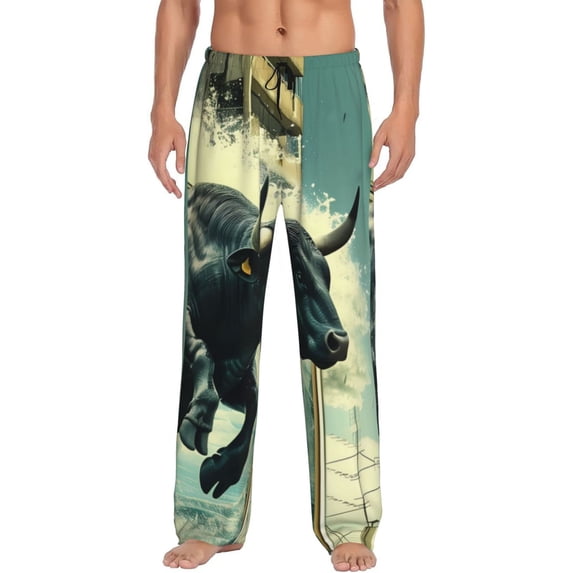 Vsdgher Bull Charging Through Waves Mens Pajama Pants Sleep & Lounge Pants, PJ Pants-Small