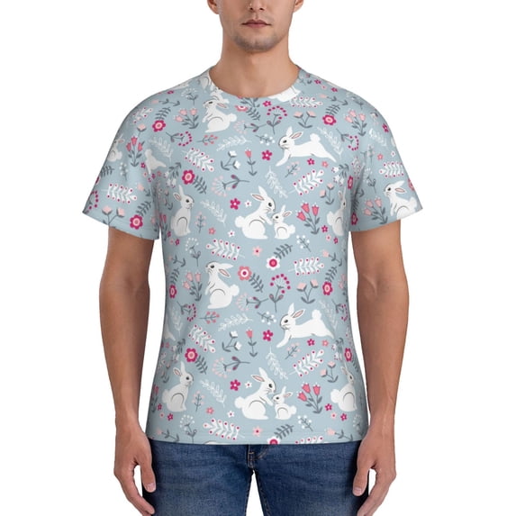 Vsdgher Bunny And Flower Print Men's Dry Fit Mesh Athletic Shirts Moisture Wicking Tennis T-Shirt Tops