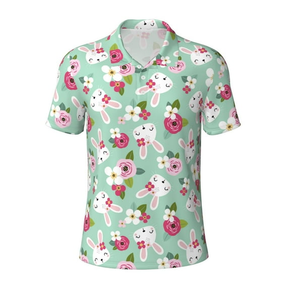 Vsdgher Bunny And Rose Print Men's Short Sleeve Stretch Polo Shirt, Moisture-Wicking Performance Polo Shirt