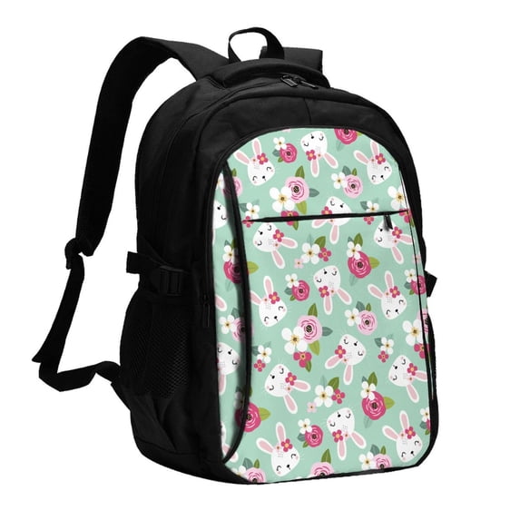 Vsdgher Bunny And Rose Print Travel Laptop Backpack, Laptops Backpack with USB Charging Port, Water Resistant Computer Bag Gift for Men & Women
