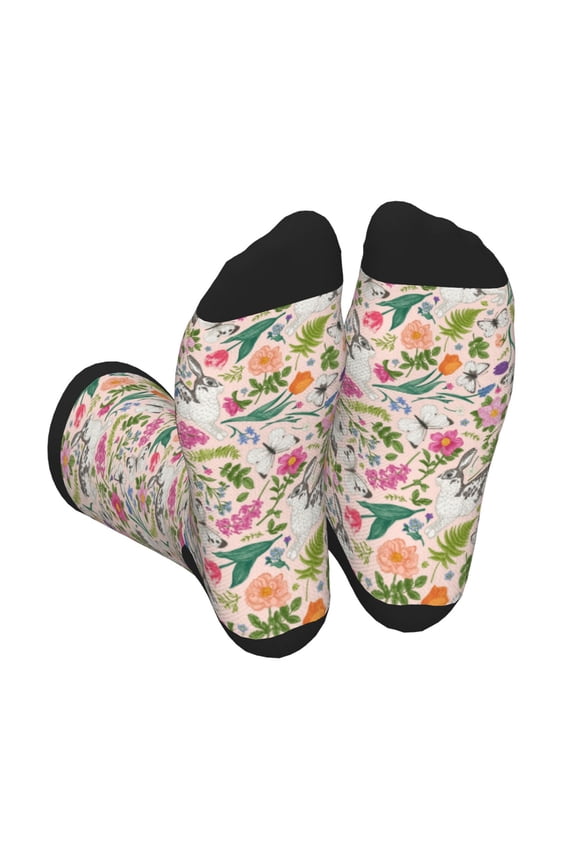 Bunny Floral Unisex Crew Socks Lightweight Breathable Ventilation Ankle Socks, Mid-calf socks for Daily