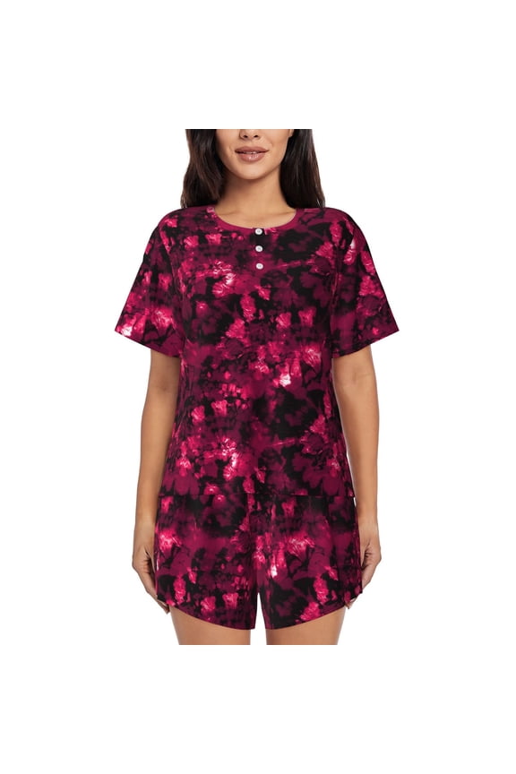 Burgundy Tie Dye Pattern Womens Pajamas 2 Piece Short Sleeve Sleepwear Set,Summer Soft Pajamas Set Casual Lounge Sets, 2-Piece Pj -4X-Large