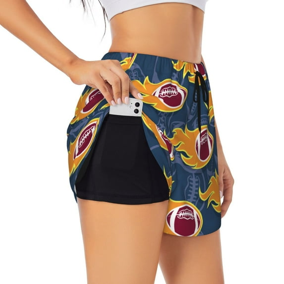Vsdgher Burning Rugby Balls Print Women's Running Double Layer Shorts High Waisted with Pockets Elastic Yoga Workout Athletic Gym Sports