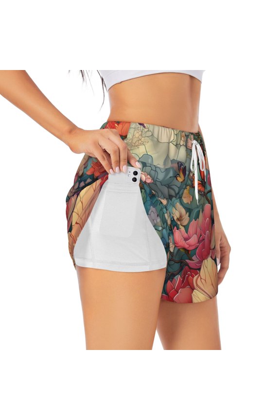 Butterflies In Blooming Garden Athletic Shorts for Women, Women's Running Double Layer Shorts, High Waisted Yoga Shorts, Workout Athletic Shorts-Medium