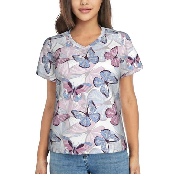 Vsdgher Butterflies in Pastel Women Shirts V Neck Short Sleeve Tops T-Shirt Basic Tees, S to 3XLXX-Large